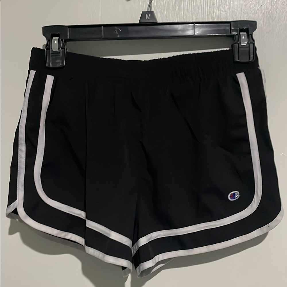 Girls Champion Black Athletic Shorts with white trim and Curved Hem